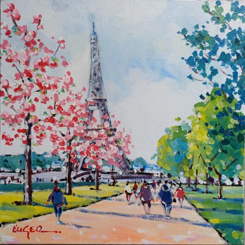 Painting  PRINTEMPS PRES DE LA TOUR EIFFEL by Euger | Painting Figurative Acrylic Landscapes, Society, Urban
