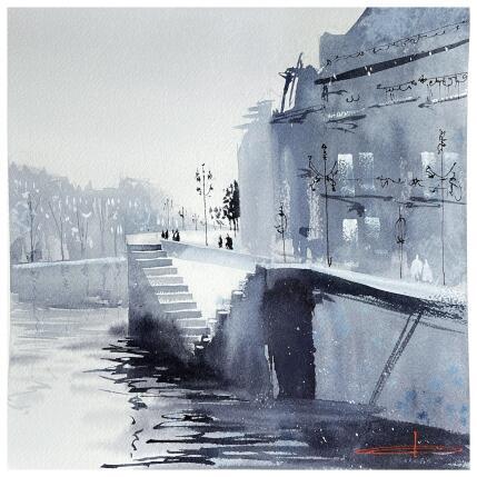 Gemälde Monochrom from the river Seine von Bailly Kévin  | Gemälde Figurativ Aquarell, Tinte Architektur, Urban