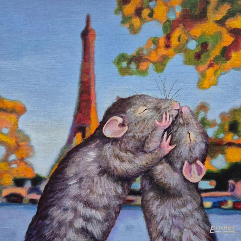 Painting Rencontre sur les quais by Emma Fischer | Painting Realism Acrylic Animals, Urban