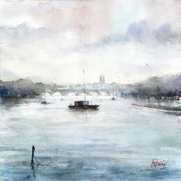 Painting Navigation à Tours by Gutierrez | Painting Impressionism Watercolor Landscapes