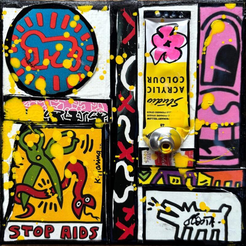 Painting Tribute to Keith Haring by Costa Sophie | Painting Pop-art Acrylic, Gluing, Upcycling Pop icons