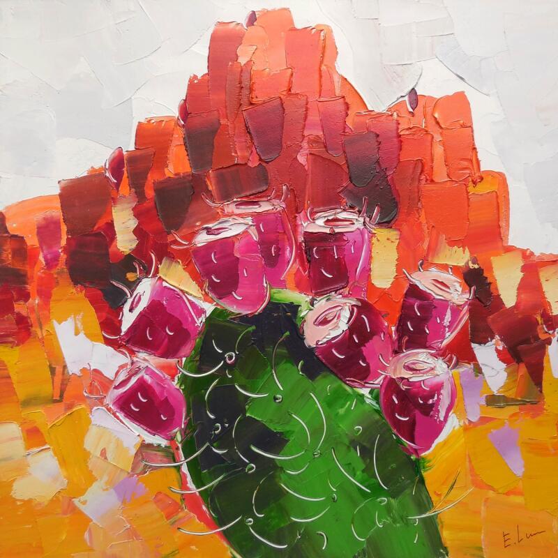 Painting Prickly Pear in Red desert by Lunetskaya Elena | Painting Impressionism Oil Landscapes, Minimalist, Nature