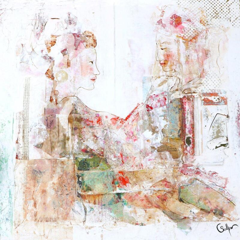 Painting SONGE D'HORTENSE by Sablyne | Painting Raw art Acrylic, Cardboard, Gluing, Gold leaf, Ink, Paper, Pastel, Pigments, Upcycling, Wood Life style, Portrait