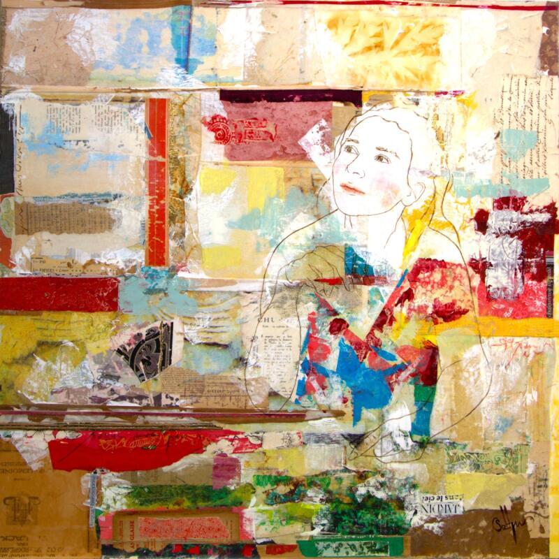 Painting REMINISCENCE by Sablyne | Painting Raw art Acrylic, Cardboard, Gluing, Gold leaf, Ink, Paper, Pastel, Pigments, Upcycling, Wood Life style, Portrait
