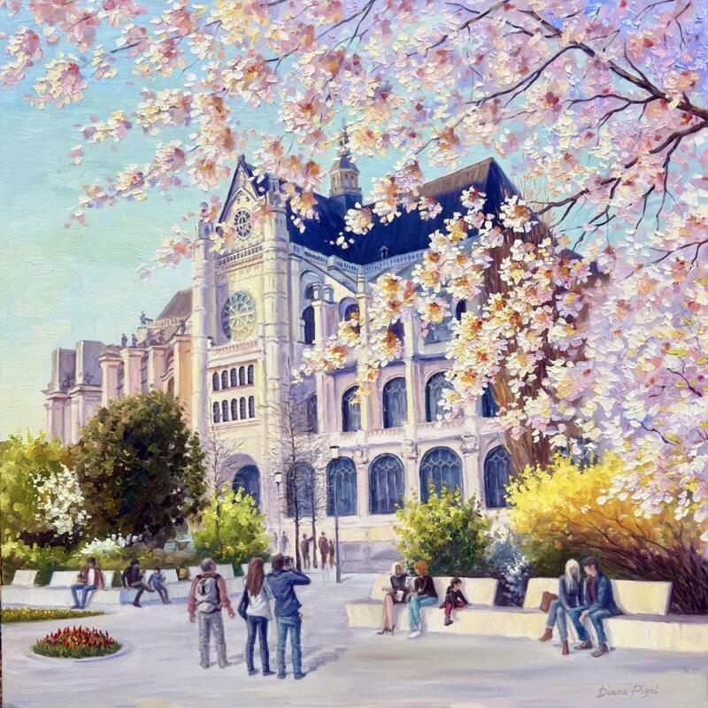 Painting Les Halles with Blooming Cherry Blossoms by Pigni Diana | Painting Impressionism Oil Architecture, Landscapes, Urban