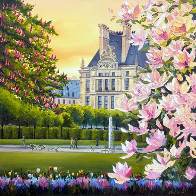 Painting Tuileries Garden with Blooming Magnolia by Pigni Diana | Painting Impressionism Oil Architecture, Landscapes, Still-life