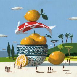 Painting Carpe aux citrons by Lionnet Pascal | Painting Surrealism Acrylic Animals, Life style, Pop icons, Still-life