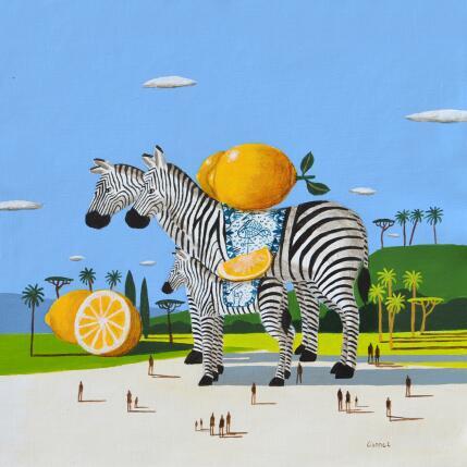 Gemälde Zèbres aux citrons von Lionnet Pascal | Gemälde Surrealismus Acryl Alltagsszenen, Landschaften, Tiere