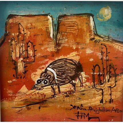 Painting Javelina and cactus by Maury Hervé | Painting Raw art Acrylic, Ink, Pigments, Sand Animals