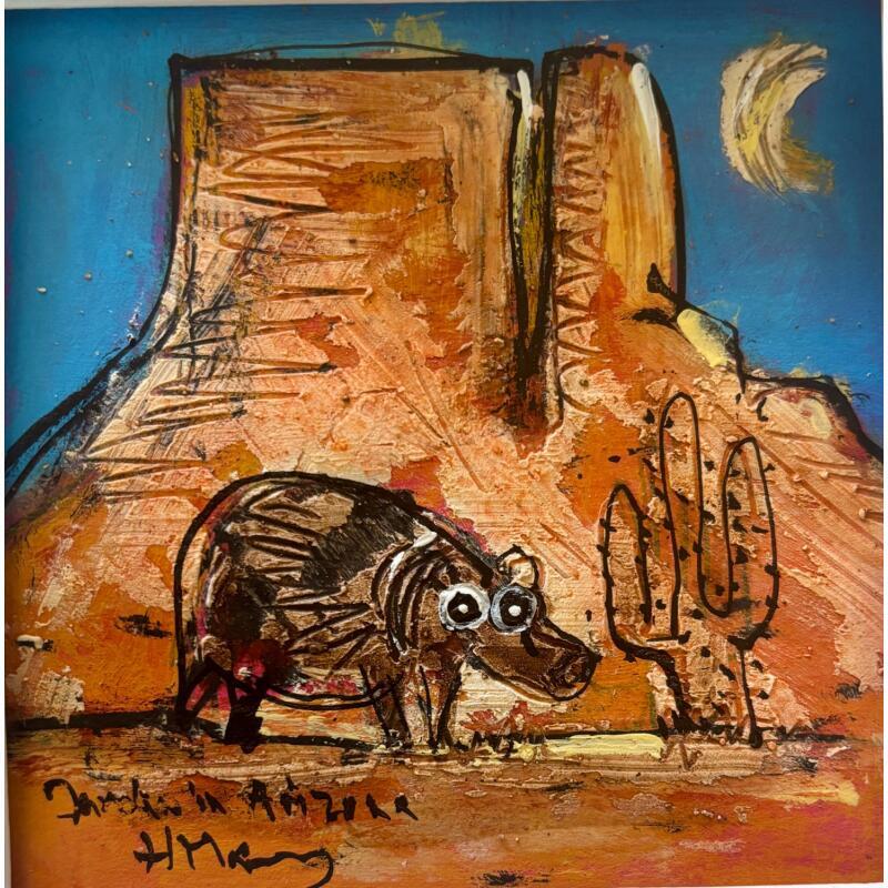 Painting Javelina and moon by Maury Hervé | Painting Raw art Acrylic, Ink, Pigments, Sand Animals