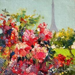 Painting Blooms Beneath the Eiffel Tower by Xanlar | Painting Impressionism Oil Landscapes, Nature