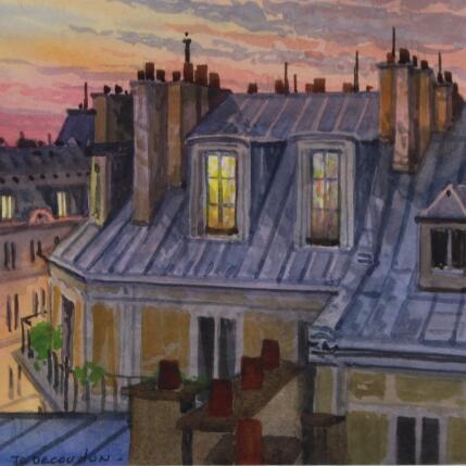 Painting La nuit tombe sur Paris by Decoudun Jean charles | Painting Figurative Watercolor Pop icons, Urban