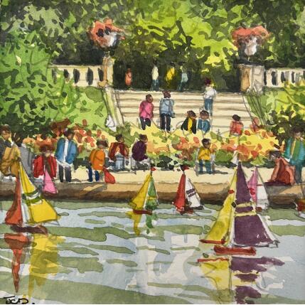 Painting Bassin du Luxembourg, Paris by Decoudun Jean charles | Painting Figurative Watercolor Urban