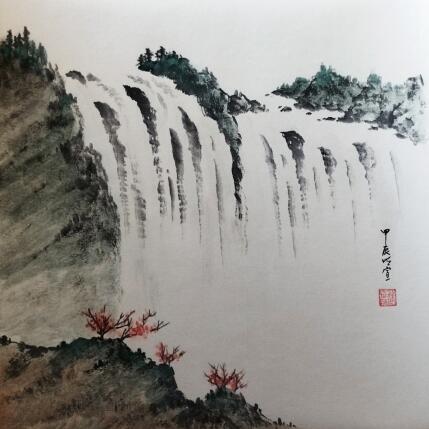 Peinture Waterfall par Du Mingxuan | Tableau Figuratif Aquarelle, Encre Paysages