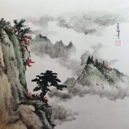 Painting Pine tree on cliff by Du Mingxuan | Painting Figurative Ink, Watercolor Landscapes