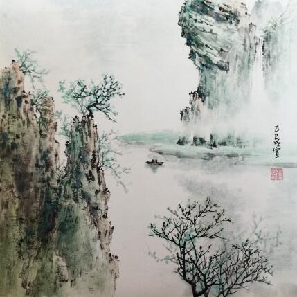 Painting Boat under cliff by Du Mingxuan | Painting Figurative Ink, Watercolor Landscapes
