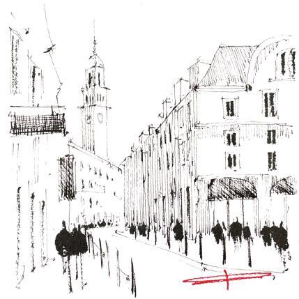Gemälde Monochrome d'une déambulation lilloise von Bailly Kévin  | Gemälde Figurativ Aquarell, Tinte Architektur, Urban