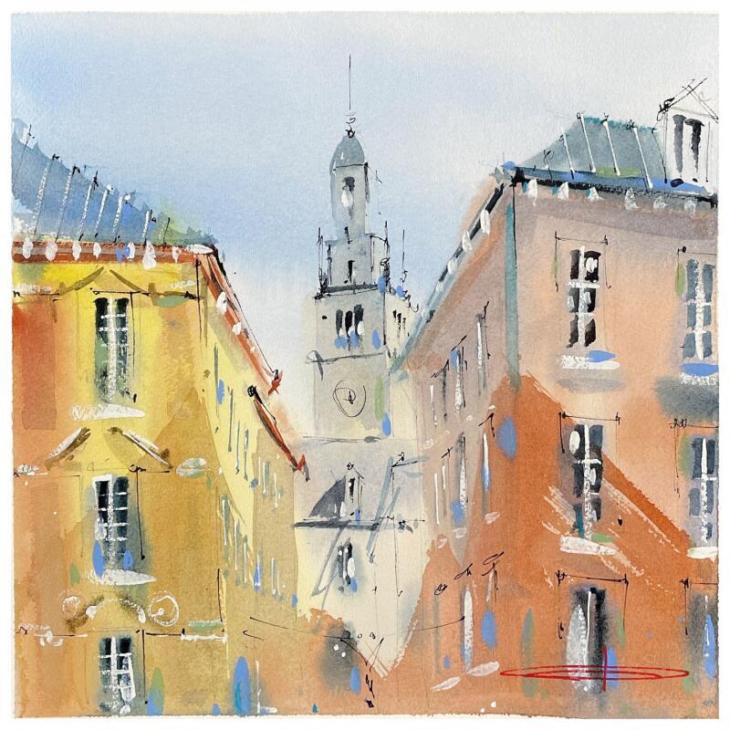 Gemälde Ombres et lumieres sur le Beffroi von Bailly Kévin  | Gemälde Figurativ Aquarell, Tinte Architektur, Urban
