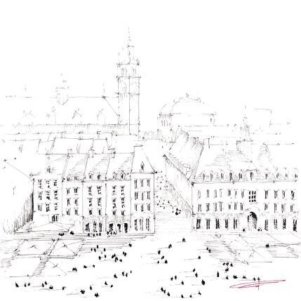 Gemälde Vue de pigeon de la Grand'Place von Bailly Kévin  | Gemälde Figurativ Aquarell, Tinte Architektur, Urban