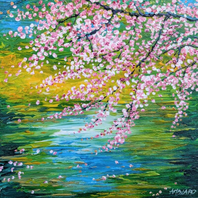 Painting  fleurs de cerisier au bord de l'étang by Amblard Florence | Painting Impressionism Acrylic Nature