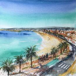 Painting Nice vive la promenade des anglais  by Hoffmann Elisabeth | Painting Figurative Watercolor Urban