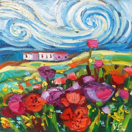 Painting Red fields under Gogh sky  by Georgieva Vanya | Painting Figurative Oil Landscapes, Pop icons