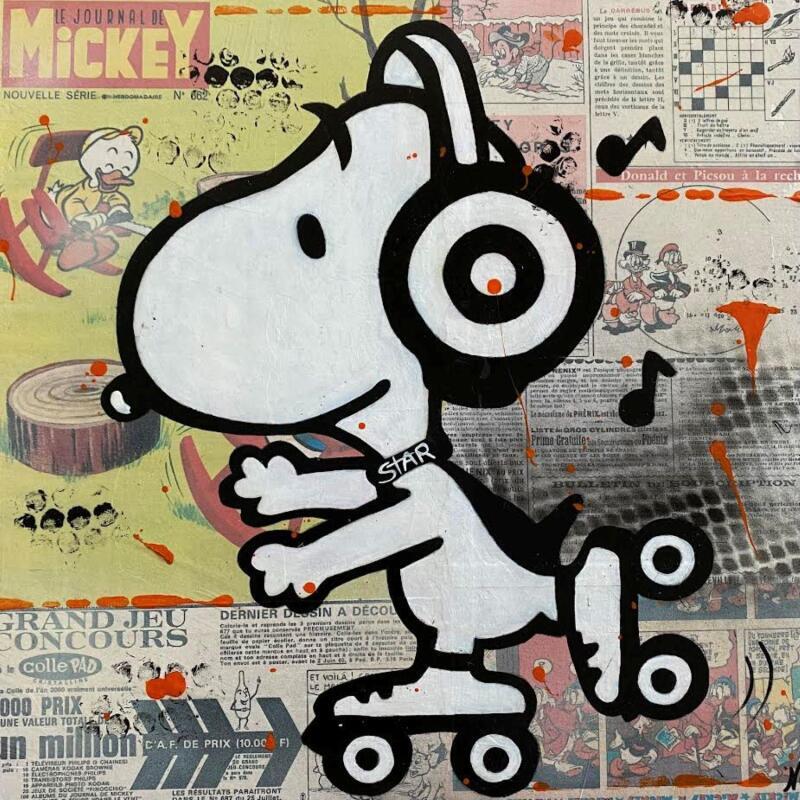 Painting F4  Snoopy en rollers by Marie G.  | Painting Pop-art Acrylic, Gluing, Wood Pop icons
