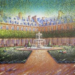Painting La fontaine de la place des Vosges by Dessapt Alan | Painting Figurative Acrylic, Oil Urban