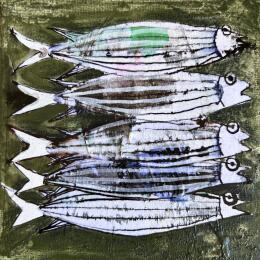 Gemälde Sardines von Colombo Cécile | Gemälde Naive Kunst Acryl, Collage, Pastell, Tinte Tiere