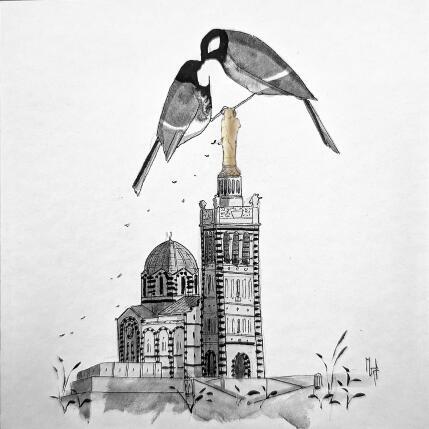 Painting Mésanges, Notre Dame de la Garde by Mü | Painting Figurative Gold leaf, Ink Architecture, Black & White, Nature
