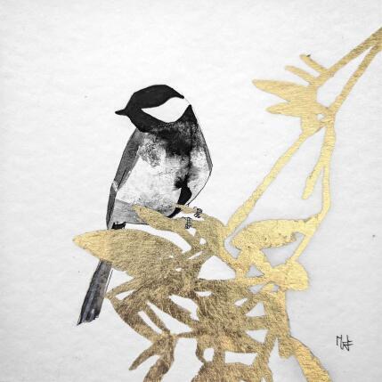 Painting Mésange, Brindille 1 by Mü | Painting Figurative Ink, Silver leaf Animals, Black & White, Nature