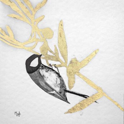 Painting Mésange, Brindille 2 by Mü | Painting Figurative Gold leaf, Ink Animals, Black & White, Nature