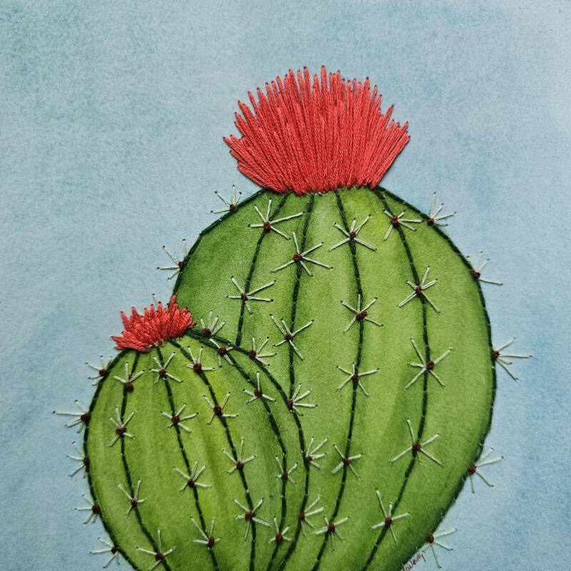 Painting Cactus in bloom, stitched in time by Vazquez Laila | Painting Figurative Nature Watercolor Textile