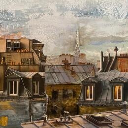 Painting Sous le ciel de Paris  by Romanelli Karine | Painting Figurative Acrylic, Gluing, Paper, Posca, Silver leaf Urban