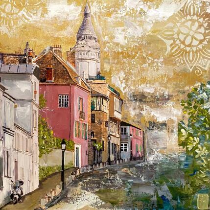Painting Côté Montmartre by Romanelli Karine | Painting Figurative Acrylic, Gluing, Paper, Posca, Silver leaf Life style, Urban