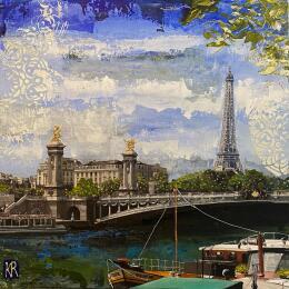 Painting L’été à Paris 2 by Romanelli Karine | Painting Figurative Acrylic, Gluing, Paper, Posca, Silver leaf Life style, Urban