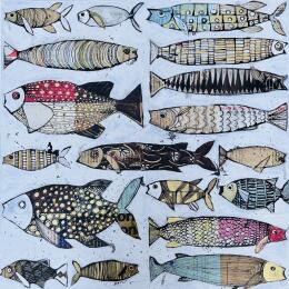 Painting  Les merlus by Colombo Cécile | Painting Naive art Acrylic, Gluing, Ink, Pastel, Watercolor Animals