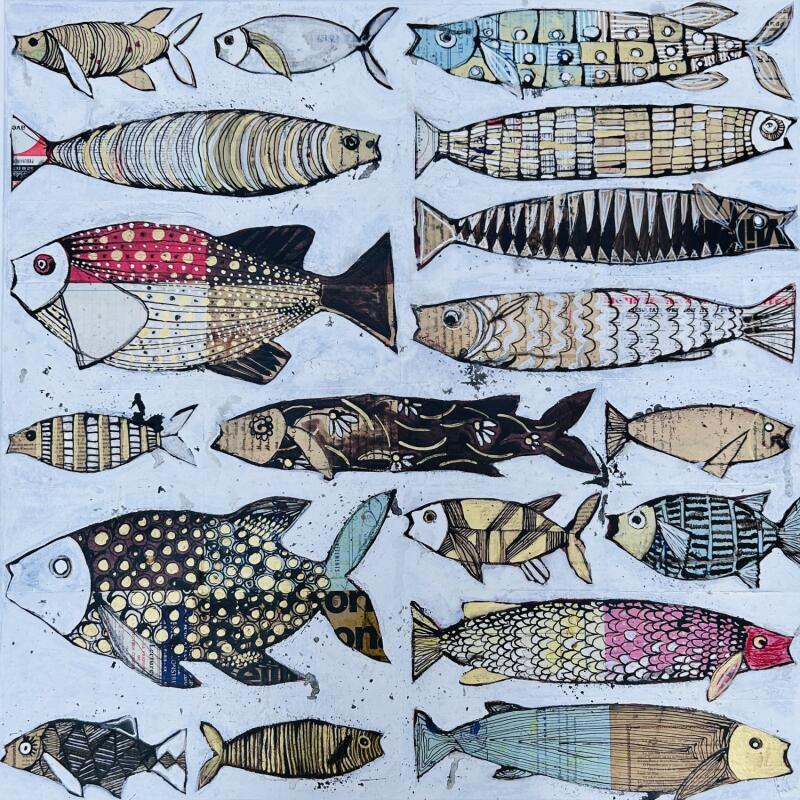 Painting  Les merlus by Colombo Cécile | Painting Naive art Acrylic, Gluing, Ink, Pastel, Watercolor Animals