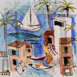 Painting Vacances sur la côte  by Colombo Cécile | Painting Naive art Acrylic, Gluing, Ink, Pastel, Watercolor Landscapes, Life style, Pop icons