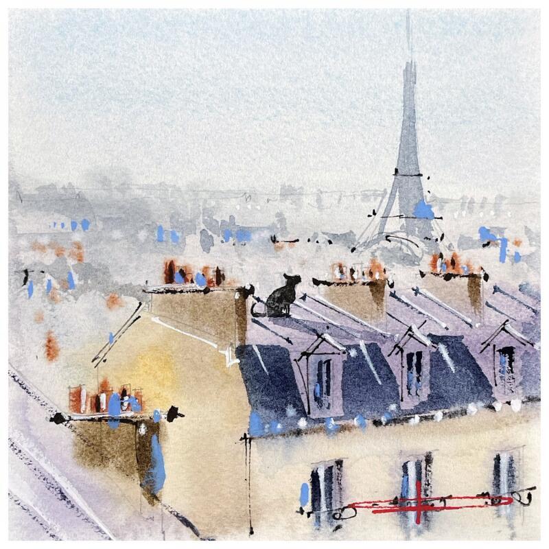 Gemälde Chronique d'un chat sur les toits von Bailly Kévin  | Gemälde Figurativ Aquarell, Tinte Architektur, Urban