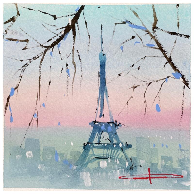 Gemälde Ciel de guimauve sur la tour Eiffel von Bailly Kévin  | Gemälde Figurativ Aquarell, Tinte Architektur, Urban