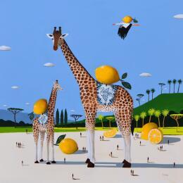 Peinture Girafes aux citrons par Lionnet Pascal | Tableau Surréalisme Acrylique Animaux, Natures mortes, Scènes de vie
