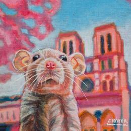 Painting Petit rat, grande cathédrale by Emma Fischer | Painting Realism Acrylic Animals, Urban
