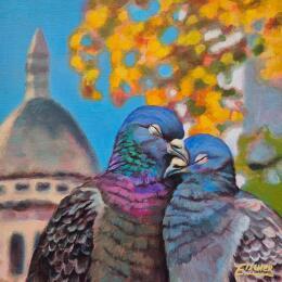 Painting Roucoulement divin by Emma Fischer | Painting Figurative Acrylic Animals, Urban