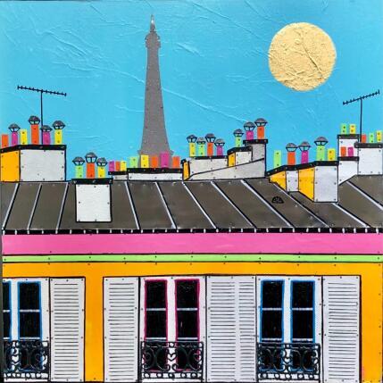 Peinture L'été à Paris par Lovisa | Tableau Pop-art Acrylique, Collage, Feuille d'or, Posca, Upcycling Urbain
