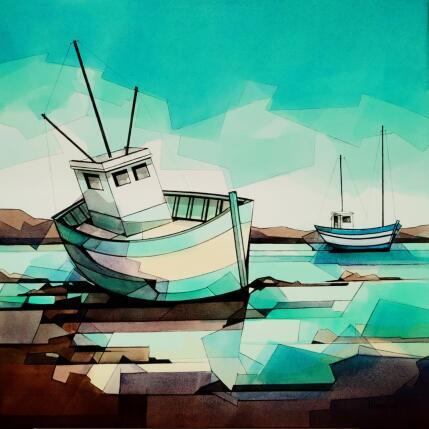 Painting Bateaux à marée basse by Langlois Jean-Luc | Painting Figurative Watercolor Marine