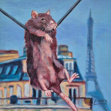 Painting L'Escaladeur des toits by Emma Fischer | Painting Figurative Acrylic Animals, Architecture, Urban