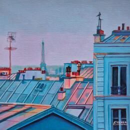 Painting L'horizon parisien by Emma Fischer | Painting Figurative Acrylic Architecture, Landscapes, Urban