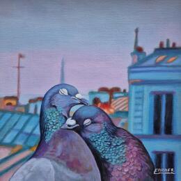 Painting Le secret des toits by Emma Fischer | Painting Figurative Acrylic Animals, Life style, Urban