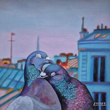 Gemälde Le secret des toits von Emma Fischer | Gemälde Figurativ Acryl Alltagsszenen, Tiere, Urban